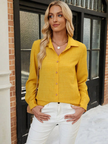 EMERY ROSE Women's Long Sleeve Button-Up Yellow Shirt For Autumn/Winter EMERY ROSE Women's Long Sleeve Button-Up Yellow Shirt For Autumn/Winter