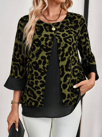 EMERY ROSE Women's Long Sleeve Shirt With Leopard Print Patchwork, Giving The Illusion Of A Two-Piece Outfit, For Autumn. EMERY ROSE Women's Long Sleeve Shirt With Leopard Print Patchwork, Giving The Illusion Of A Two-Piece Outfit, For Autumn.
