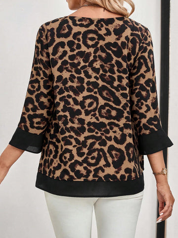 EMERY ROSE Women's Long Sleeve Shirt With Leopard Print Patchwork, Giving The Illusion Of A Two-Piece Outfit, For Autumn. EMERY ROSE Women's Long Sleeve Shirt With Leopard Print Patchwork, Giving The Illusion Of A Two-Piece Outfit, For Autumn.