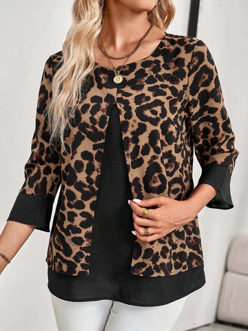EMERY ROSE Women's Long Sleeve Shirt With Leopard Print Patchwork, Giving The Illusion Of A Two-Piece Outfit, For Autumn. EMERY ROSE Women's Long Sleeve Shirt With Leopard Print Patchwork, Giving The Illusion Of A Two-Piece Outfit, For Autumn.