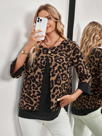 EMERY ROSE Women's Long Sleeve Shirt With Leopard Print Patchwork, Giving The Illusion Of A Two-Piece Outfit, For Autumn. EMERY ROSE Women's Long Sleeve Shirt With Leopard Print Patchwork, Giving The Illusion Of A Two-Piece Outfit, For Autumn.