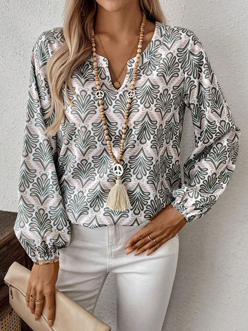 EMERY ROSE Women's Notch Collar Long Printed Blouse, Autumn EMERY ROSE Women's Notch Collar Long Printed Blouse, Autumn