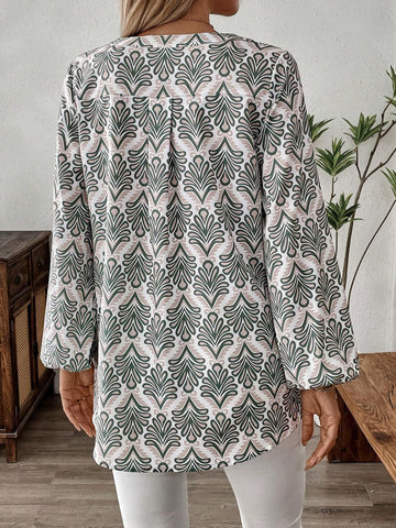 EMERY ROSE Women's Notch Collar Long Printed Blouse, Autumn EMERY ROSE Women's Notch Collar Long Printed Blouse, Autumn