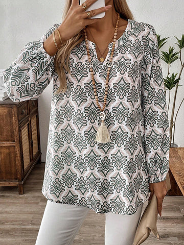 EMERY ROSE Women's Notch Collar Long Printed Blouse, Autumn EMERY ROSE Women's Notch Collar Long Printed Blouse, Autumn