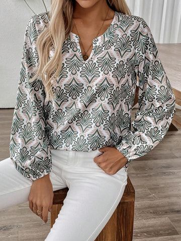 EMERY ROSE Women's Notch Collar Long Printed Blouse, Autumn EMERY ROSE Women's Notch Collar Long Printed Blouse, Autumn