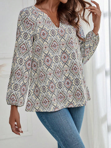 EMERY ROSE Women's Notched Allover Print Long Sleeve Blouse EMERY ROSE Women's Notched Allover Print Long Sleeve Blouse