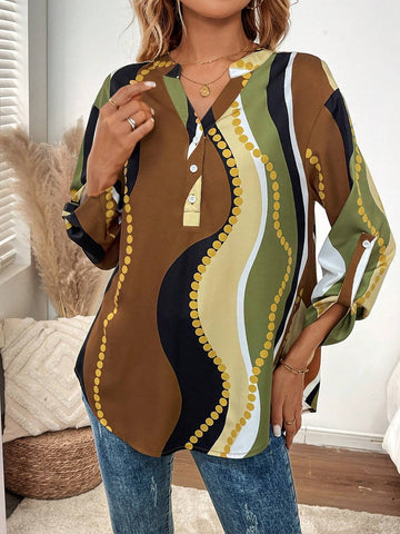 EMERY ROSE Women's Notched Neck Single-Breasted Printed Casual Long Sleeve Blouse, Autumn EMERY ROSE Women's Notched Neck Single-Breasted Printed Casual Long Sleeve Blouse, Autumn