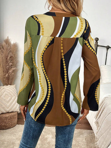 EMERY ROSE Women's Notched Neck Single-Breasted Printed Casual Long Sleeve Blouse, Autumn EMERY ROSE Women's Notched Neck Single-Breasted Printed Casual Long Sleeve Blouse, Autumn