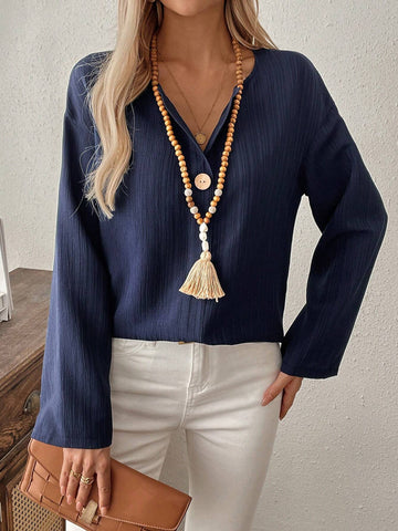 EMERY ROSE Women's Oversized V-Neck Casual Shirt Long Fall Sleeve Shirt EMERY ROSE Women's Oversized V-Neck Casual Shirt Long Fall Sleeve Shirt