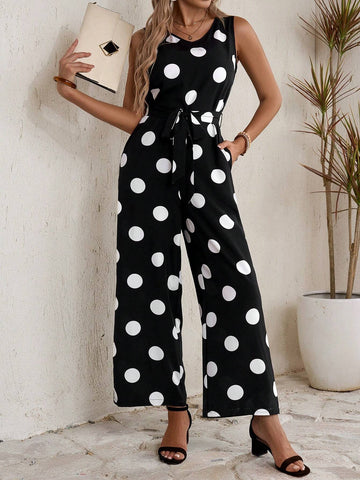 EMERY ROSE Women's Polka Dot Print Sleeveless Jumpsuit With Pocket, Round Neckline And Belted Waistband, Summer EMERY ROSE Women's Polka Dot Print Sleeveless Jumpsuit With Pocket, Round Neckline And Belted Waistband, Summer