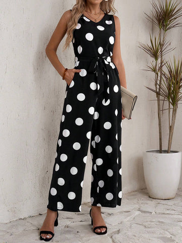 EMERY ROSE Women's Polka Dot Print Sleeveless Jumpsuit With Pocket, Round Neckline And Belted Waistband, Summer EMERY ROSE Women's Polka Dot Print Sleeveless Jumpsuit With Pocket, Round Neckline And Belted Waistband, Summer
