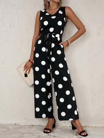 EMERY ROSE Women's Polka Dot Print Sleeveless Jumpsuit With Pocket, Round Neckline And Belted Waistband, Summer EMERY ROSE Women's Polka Dot Print Sleeveless Jumpsuit With Pocket, Round Neckline And Belted Waistband, Summer