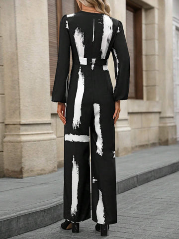 EMERY ROSE Women''s Printed Asymmetrical Neck Lantern Sleeve Jumpsuit Business Casual Women Fall Women Clothes EMERY ROSE Women''s Printed Asymmetrical Neck Lantern Sleeve Jumpsuit Business Casual Women Fall Women Clothes