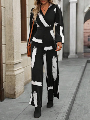 EMERY ROSE Women''s Printed Asymmetrical Neck Lantern Sleeve Jumpsuit Business Casual Women Fall Women Clothes EMERY ROSE Women''s Printed Asymmetrical Neck Lantern Sleeve Jumpsuit Business Casual Women Fall Women Clothes