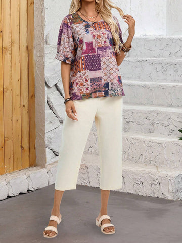 EMERY ROSE Women's Printed Shirt And Pants Set, Summer EMERY ROSE Women's Printed Shirt And Pants Set, Summer