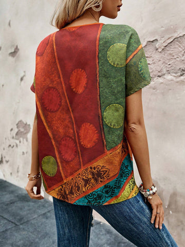 EMERY ROSE Women's Random Printed Short Sleeve Simple Everyday Blouse EMERY ROSE Women's Random Printed Short Sleeve Simple Everyday Blouse