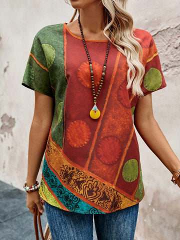 EMERY ROSE Women's Random Printed Short Sleeve Simple Everyday Blouse EMERY ROSE Women's Random Printed Short Sleeve Simple Everyday Blouse