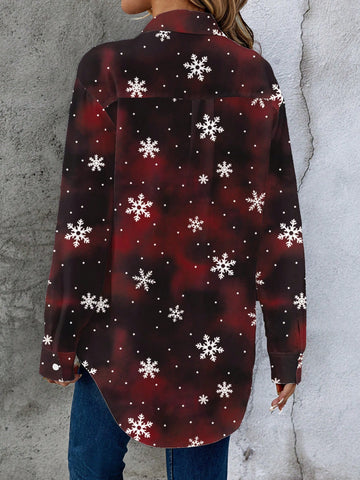 EMERY ROSE Women's Red Tie Dye Snowflake Pattern Holiday Long Sleeve Vintage Shirt, Suitable For Autumn/Winter EMERY ROSE Women's Red Tie Dye Snowflake Pattern Holiday Long Sleeve Vintage Shirt, Suitable For Autumn/Winter