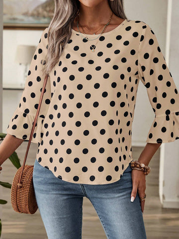 EMERY ROSE Women's Round Neck Long Sleeve Polka Dot All-Over Allover Print Casual Blouse EMERY ROSE Women's Round Neck Long Sleeve Polka Dot All-Over Allover Print Casual Blouse