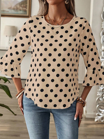 EMERY ROSE Women's Round Neck Long Sleeve Polka Dot All-Over Allover Print Casual Blouse EMERY ROSE Women's Round Neck Long Sleeve Polka Dot All-Over Allover Print Casual Blouse