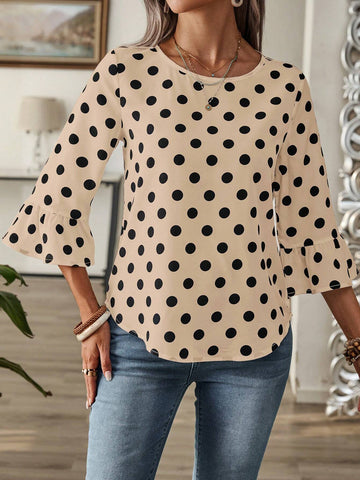 EMERY ROSE Women's Round Neck Long Sleeve Polka Dot All-Over Allover Print Casual Blouse EMERY ROSE Women's Round Neck Long Sleeve Polka Dot All-Over Allover Print Casual Blouse