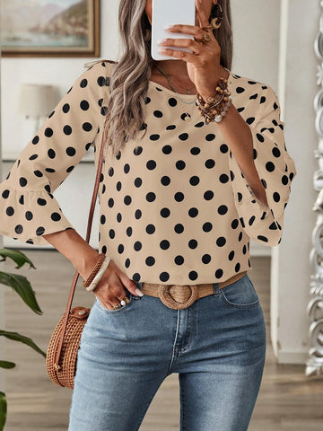 EMERY ROSE Women's Round Neck Long Sleeve Polka Dot All-Over Allover Print Casual Blouse EMERY ROSE Women's Round Neck Long Sleeve Polka Dot All-Over Allover Print Casual Blouse