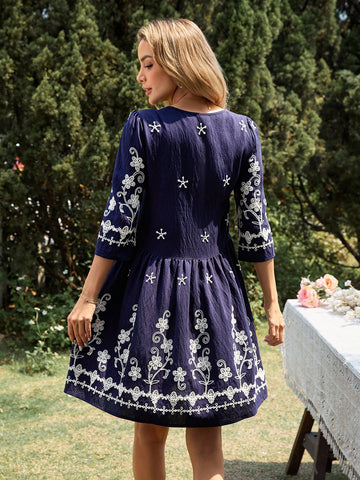EMERY ROSE Women's Short Long Sleeve V-Neck Dress, Fashionable And Suitable For Summer EMERY ROSE Women's Short Long Sleeve V-Neck Dress, Fashionable And Suitable For Summer