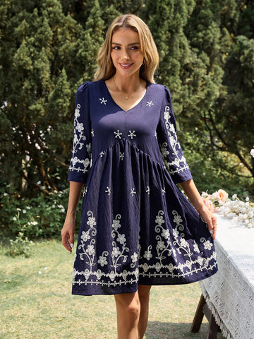 EMERY ROSE Women's Short Long Sleeve V-Neck Dress, Fashionable And Suitable For Summer EMERY ROSE Women's Short Long Sleeve V-Neck Dress, Fashionable And Suitable For Summer