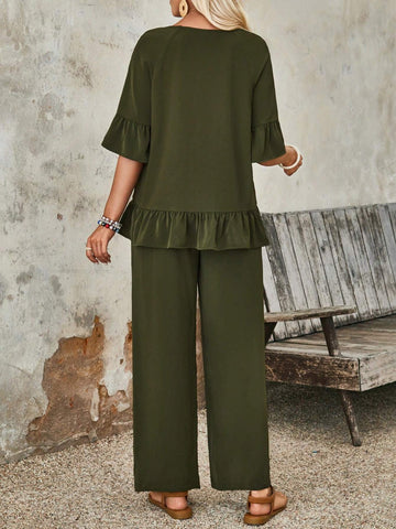 EMERY ROSE Women's Simple Solid Color Regular Wear Pleated Top & Pants Set EMERY ROSE Women's Simple Solid Color Regular Wear Pleated Top & Pants Set