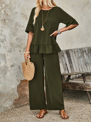 EMERY ROSE Women's Simple Solid Color Regular Wear Pleated Top & Pants Set EMERY ROSE Women's Simple Solid Color Regular Wear Pleated Top & Pants Set