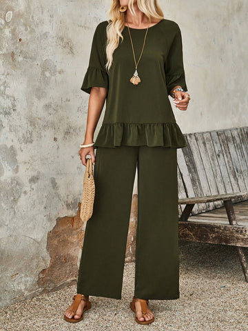 EMERY ROSE Women's Simple Solid Color Regular Wear Pleated Top & Pants Set EMERY ROSE Women's Simple Solid Color Regular Wear Pleated Top & Pants Set