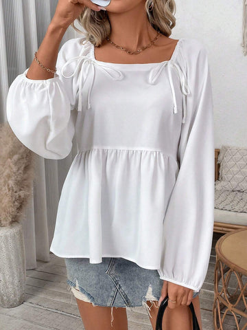 EMERY ROSE Women's Solid Color Elegant Pleated Ribbon Collar Long Sleeve Blouse, Spring/Autumn EMERY ROSE Women's Solid Color Elegant Pleated Ribbon Collar Long Sleeve Blouse, Spring/Autumn
