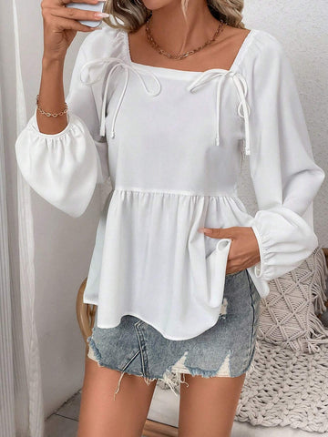 EMERY ROSE Women's Solid Color Elegant Pleated Ribbon Collar Long Sleeve Blouse, Spring/Autumn EMERY ROSE Women's Solid Color Elegant Pleated Ribbon Collar Long Sleeve Blouse, Spring/Autumn