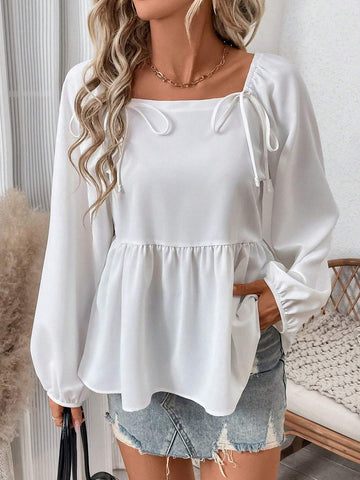EMERY ROSE Women's Solid Color Elegant Pleated Ribbon Collar Long Sleeve Blouse, Spring/Autumn EMERY ROSE Women's Solid Color Elegant Pleated Ribbon Collar Long Sleeve Blouse, Spring/Autumn