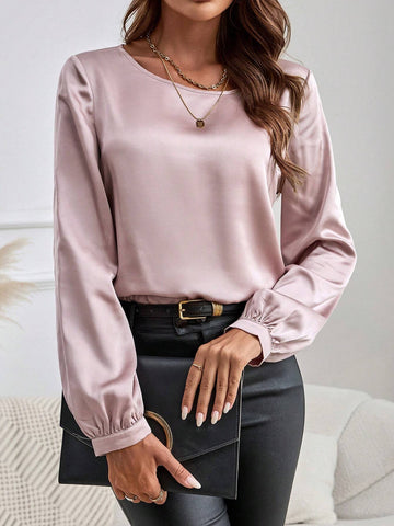 EMERY ROSE Women's Solid Color Elegant Round Neck Long Sleeve Shirt EMERY ROSE Women's Solid Color Elegant Round Neck Long Sleeve Shirt