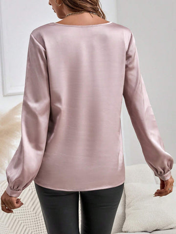 EMERY ROSE Women's Solid Color Elegant Round Neck Long Sleeve Shirt EMERY ROSE Women's Solid Color Elegant Round Neck Long Sleeve Shirt