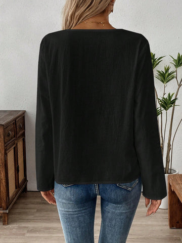 EMERY ROSE Women's Solid Color Round Neck Long Sleeve Button Design Casual Shirt, Autumn EMERY ROSE Women's Solid Color Round Neck Long Sleeve Button Design Casual Shirt, Autumn