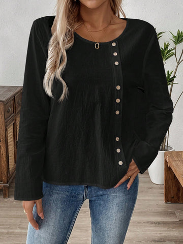 EMERY ROSE Women's Solid Color Round Neck Long Sleeve Button Design Casual Shirt, Autumn EMERY ROSE Women's Solid Color Round Neck Long Sleeve Button Design Casual Shirt, Autumn