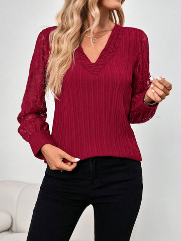 EMERY ROSE Women's Solid Color V-Neck Long Sleeve Contrast Lace Casual Blouse Fall Women Clothes EMERY ROSE Women's Solid Color V-Neck Long Sleeve Contrast Lace Casual Blouse Fall Women Clothes