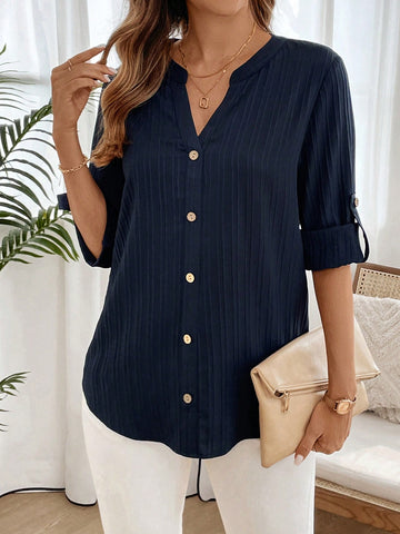 EMERY ROSE Women's Solid Color V Neck Roll Cuff Loose Casual Shirt, Autumn EMERY ROSE Women's Solid Color V Neck Roll Cuff Loose Casual Shirt, Autumn