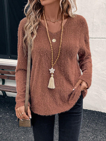 EMERY ROSE Women's Solid V-Neck Drop Shoulder Long Sleeve Loose Casual T-Shirt, Spring & Summer Tops With Sleeves Fall Women Clothes EMERY ROSE Women's Solid V-Neck Drop Shoulder Long Sleeve Loose Casual T-Shirt, Spring & Summer Tops With Sleeves Fall Women Clothes