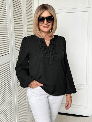 EMERY ROSE Women's Spring Autumn Solid Color Contrast Lace V-Neck Lantern Sleeve Elegant Blouse EMERY ROSE Women's Spring Autumn Solid Color Contrast Lace V-Neck Lantern Sleeve Elegant Blouse