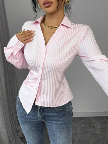 EMERY ROSE Women's Spring Casual Striped Print Asymmetric Ruffle V-Neck Long Sleeve Tie Front Blouse EMERY ROSE Women's Spring Casual Striped Print Asymmetric Ruffle V-Neck Long Sleeve Tie Front Blouse