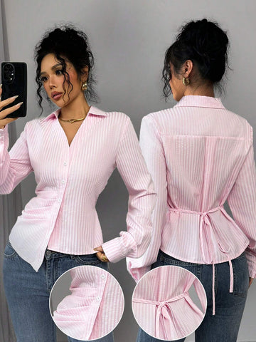 EMERY ROSE Women's Spring Casual Striped Print Asymmetric Ruffle V-Neck Long Sleeve Tie Front Blouse EMERY ROSE Women's Spring Casual Striped Print Asymmetric Ruffle V-Neck Long Sleeve Tie Front Blouse
