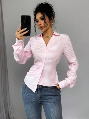 EMERY ROSE Women's Spring Casual Striped Print Asymmetric Ruffle V-Neck Long Sleeve Tie Front Blouse EMERY ROSE Women's Spring Casual Striped Print Asymmetric Ruffle V-Neck Long Sleeve Tie Front Blouse