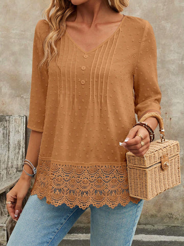 EMERY ROSE Women's Spring Summer V-Neck 3/4 Sleeve Lace Hem Casual Blouse EMERY ROSE Women's Spring Summer V-Neck 3/4 Sleeve Lace Hem Casual Blouse