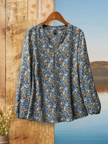 EMERY ROSE Women's Spring & Autumn Notched Neck Ditsy Floral Casual Blouse EMERY ROSE Women's Spring & Autumn Notched Neck Ditsy Floral Casual Blouse
