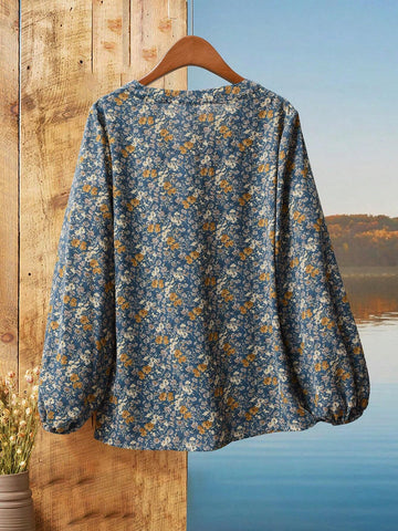 EMERY ROSE Women's Spring & Autumn Notched Neck Ditsy Floral Casual Blouse EMERY ROSE Women's Spring & Autumn Notched Neck Ditsy Floral Casual Blouse