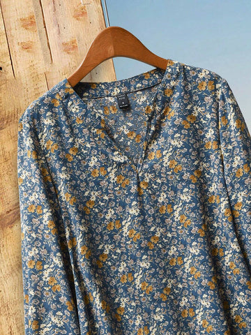 EMERY ROSE Women's Spring & Autumn Notched Neck Ditsy Floral Casual Blouse EMERY ROSE Women's Spring & Autumn Notched Neck Ditsy Floral Casual Blouse