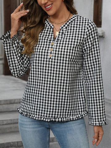 EMERY ROSE Women's Spring & Summer V-Neck Plaid Long Sleeve Elegant Shirt For Commute EMERY ROSE Women's Spring & Summer V-Neck Plaid Long Sleeve Elegant Shirt For Commute